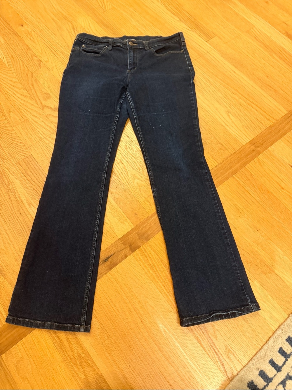 Ladies Size 12 / 33 "Duluth Trading Co" Dark Blue Flare Jeans GUC